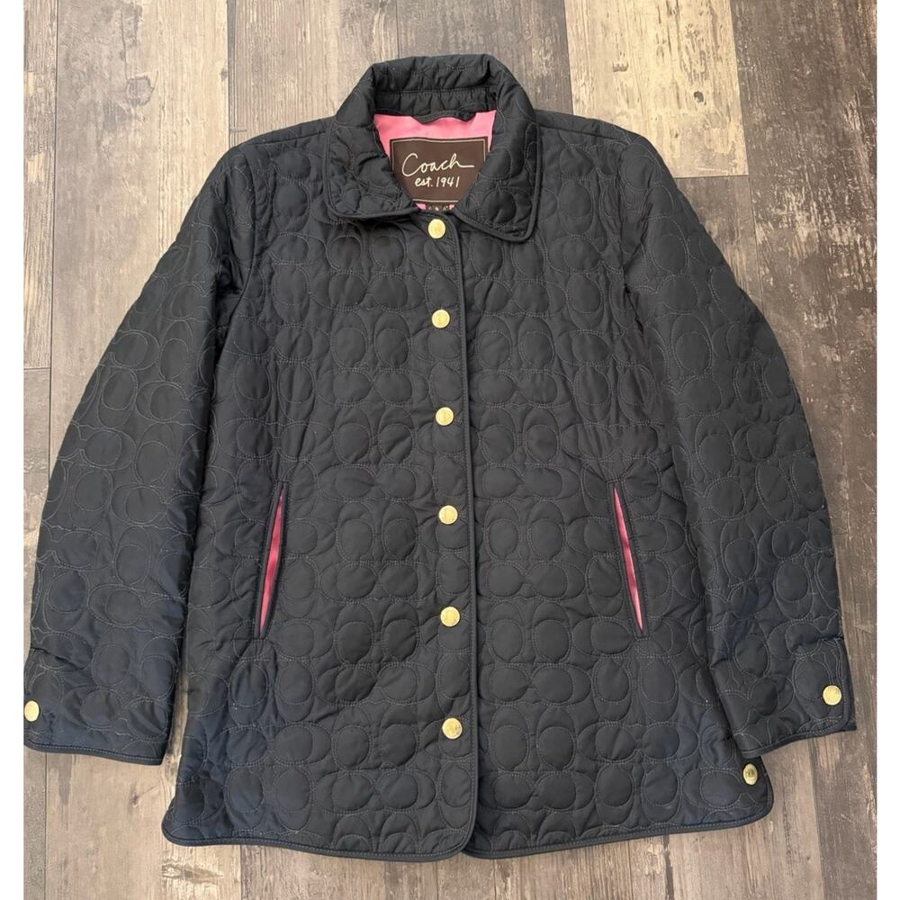 COACH Signature "C" Black Quilted Logo Snap Front Jacket Coat Size Small Pink